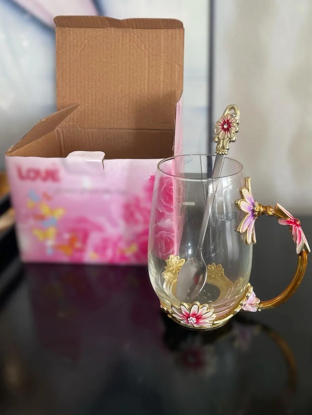 Love Enamel Flower Tea Cup With Steel Spoon New in box